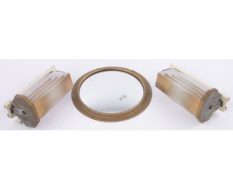 Pair of Art Deco gilded glass wall lamp fittings,and metal framed convex mirror, originally from a pre-war Maidstone & Distri