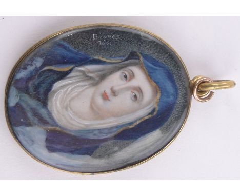 A miniature painted watercolour portrait of the Madonna,signed Downes 1766, framed, 2.25".