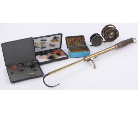 A brass mounted salmon fishing gaff,with turned wood handle by Army & Navy Stores, London, length 16.5" together with 2 horn 