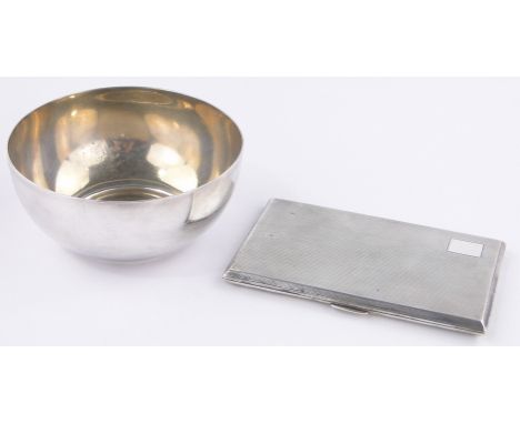 A circular silver bowl,London 1912, 13 cm across and an engine turned silver cigarette case, gross weight 13 oz, (2).