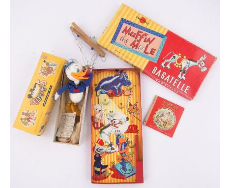 A boxed Donald Duck Pelham puppet,a Muffin the mule Bagatelle game and book, various die-cast figures.