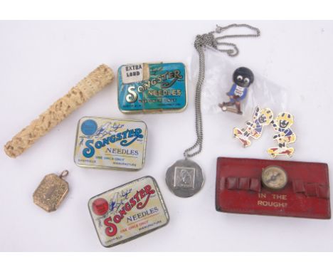 A carved ivory etui,compass, locket, gramophone needle tins, etc.