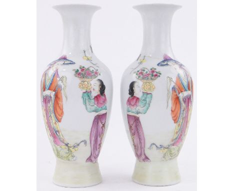 Pair of Chinese Famille Rose porcelain vases,with painted figures and flowers, seal marks under, height 10".