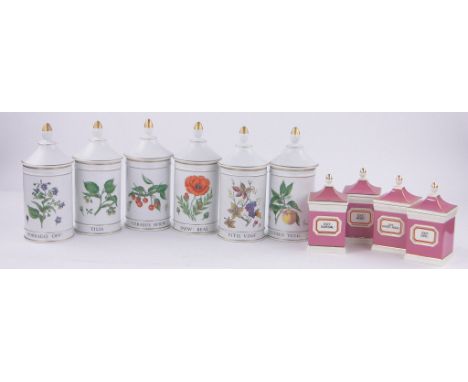 A set of 6 Limoges reproduction jars and covers,and a set of 4 ceramic reproduction drugs jars by Chalsyn, height 6.75".