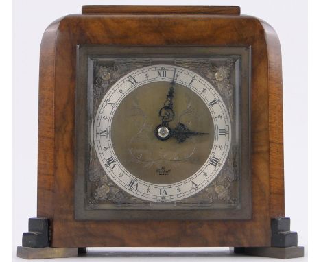 An Art Deco walnut cased Elliott mantel clock,on brass feet, height 6".