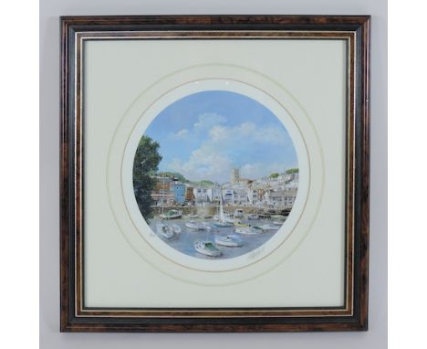 Clive Madgwick, Brixham Harbour, signed print, 16cm diameter, circular