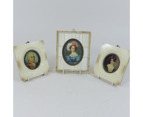 A reproduction portrait miniature of a lady, together with a pair of similar portraits