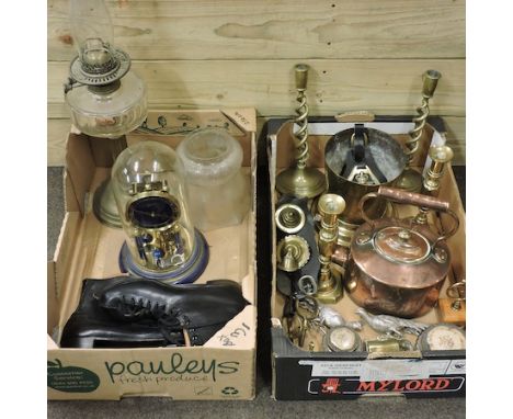 Two boxes of metalwares, to include an oil lamp and a copper kettle 