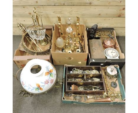 Five boxes of metalwares, to include horse brasses, brass candlesticks, fire tools and a light fitting with glass shade