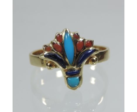 An 18 carat gold and enamel ring, in the form of a lotus flower, boxed