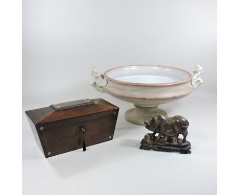 A Regency rosewood tea caddy, 30cm, together with a ceramic dish and a stone animal