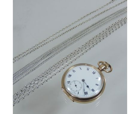 A gold plated open faced gentleman's pocket watch, with a white enamel dial, together with a collection of silver chains