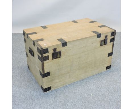 An antique pine and metal bound trunk, 91cm