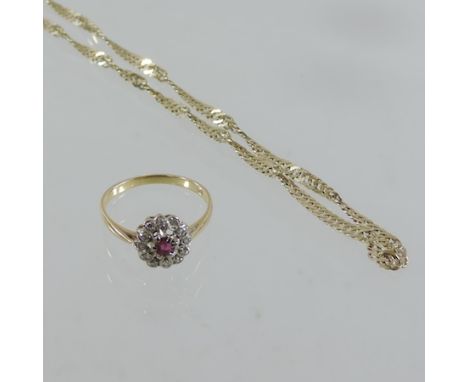 A 9 carat gold necklace, together with a ruby and diamond cluster ring