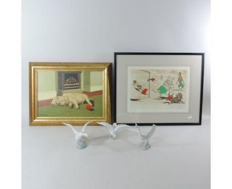 A collection of three Lladro models of geese, together with George Cook, dog, oil on canvas, and a print
