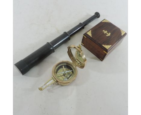A brass brunton compass, together with a 15 inch telescope