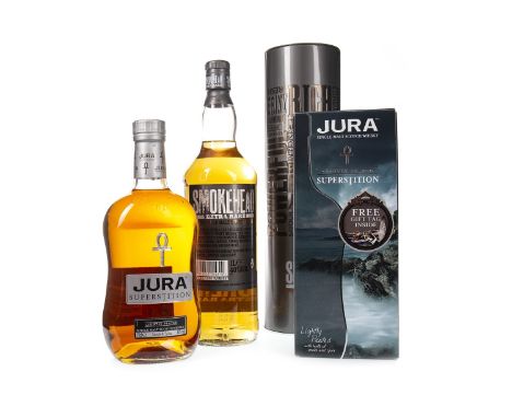 JURA SUPERSTITION Single Malt Scotch Whisky 70cl, 43% volume, in carton. SMOKEHEAD EXTRA RARE - ONE LITRE Single Malt Scotch 