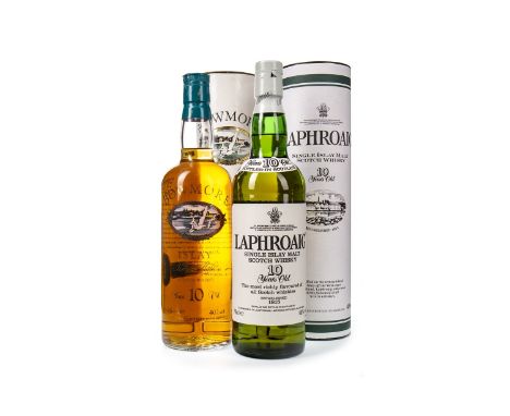 BOWMORE 10 YEARS OLD Single Malt Scotch Whisky 75cl, 40% volume, in tube. LAPHROAIG 10 YEARS OLD Single Malt Scotch Whisky 70