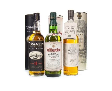 TOMATIN AGED 10 YEARS Single Malt Scotch Whisky 70cl, 40% volume, in tube. TULLIBARDINE AGED 10 YEARS Single Malt Scotch Whis