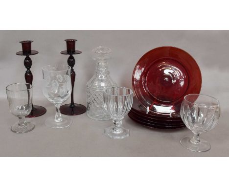 A Pair of Early 20th Century Ruby Glass Table Candlesticks, 25cm, together with a quantity of other glassware, including a se