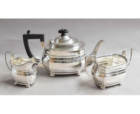 A Three-Piece George V Silver Tea-Service, by S. Blanckensee and Son Ltd., Chester, 1928. each piece shaped oblong and on fou