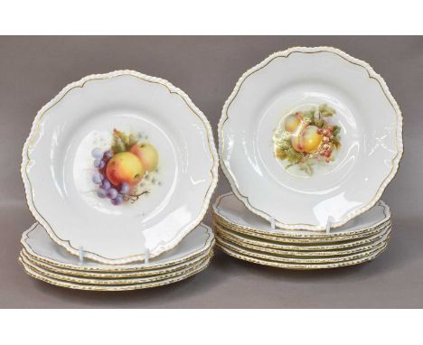 A Set of Twelve Royal Worcester Plates by Frank Roberts, each painted with a study of fruit to the central panel, puce marks,