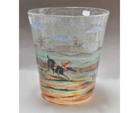 A Glass Ice Bucket, early 20th century, painted with a hunting scene after Henry Alken , height 26cmFree from chips and crack