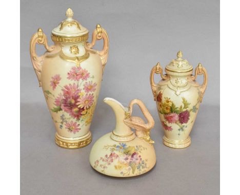 A Cased Royal Worcester Six Place Coffee Set, together with two Royal Worcester blush ware twin handled vases and covers, and