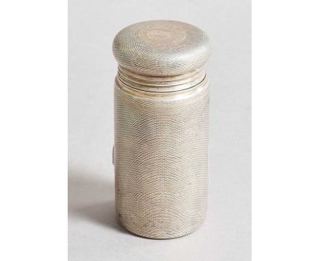 An Edward VII Silver Canister, by Charles and George Asprey, London, 1909, cylindrical, with overall engine-turned decoration