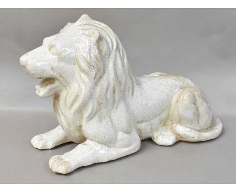 A 20th Century White Crackle Glazed Model of a Recumbent Lion, 52cm (a.f.)