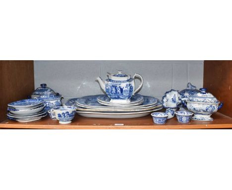 Assorted Early 19th Century English Pearlware, printed in underglaze blue inlcuidng teapot with rural landscape scene, four t