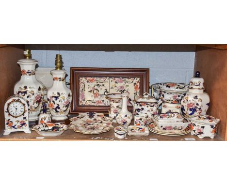 A Collection of Masons Mandalay Pattern China, including: a lamp, twin-handled tray, a set of square form dishes, a clock, a 