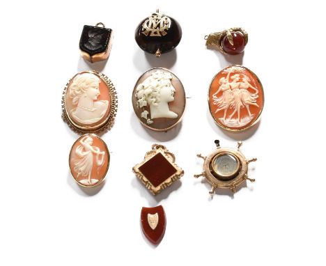 A Small Collection of Jewellery Including, four cameo brooches, a 9 carat gold compass (a.f.), together with four charms/pend