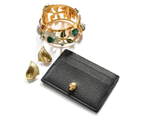 A Pair of Clip Earrings, by Christian Dior, length 3.3cm; A Paste and Enamel Bangle, measures 6.0cm by 5.6cm; and An Alexande