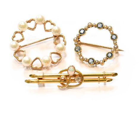 An Opal and Diamond Bar Brooch, stamped '15CT', length 4.6cm; A 9 Carat Gold Circular Cultured Pearl Brooch, measures 2.7cm d