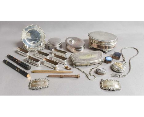 A Collection of Assorted Silver Boxes and Other Items, including: napkin-rings; two decanter-labels; four small dishes; vario
