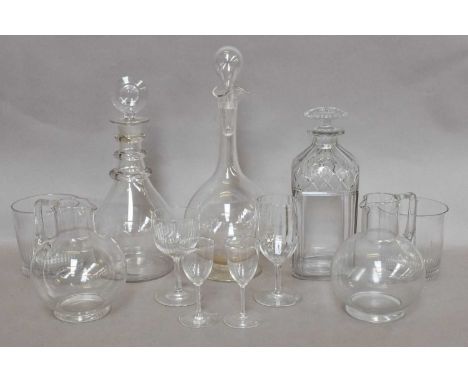 A Quantity of Assorted 19th Century and Later Glassware, to include a tripple ring necked decanter with bulls eye stopper, an