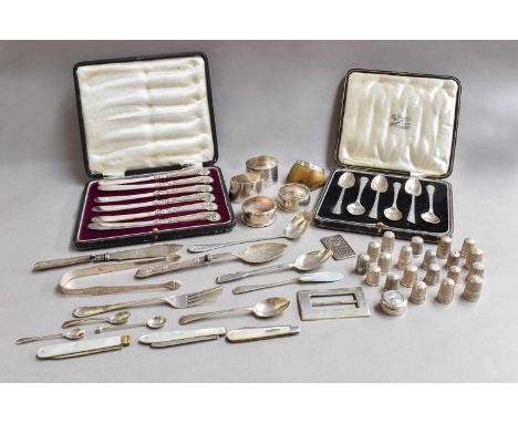 A Collection of Assorted Silver, including: a cased set of six teaspoons; a cased set of six tea-knives with filled handles; 