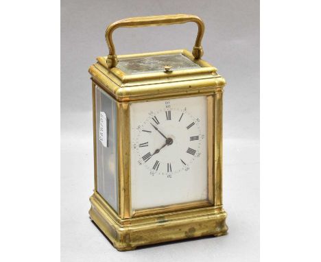 A Brass Strike and Repeat Carriage Clock, circa 1890, twin barrel movement with a platform lever escapement striking on a gon