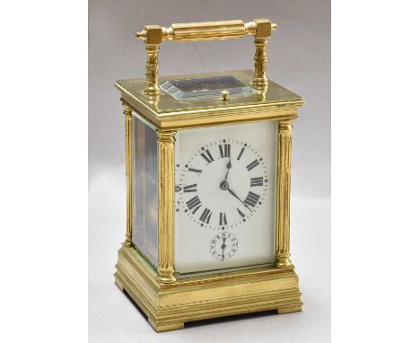A Brass Strike and Repeat Alarm Carriage Clock, circa 1900, twin barrel movement with a platform lever escapement, striking o