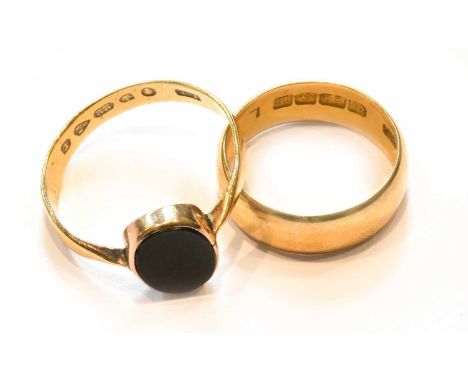 A 22 Carat Gold Band Ring, finger size K; and A 22 Carat Gold Bloodstone Signet Ring, finger size QGross weight 6.9 grams.