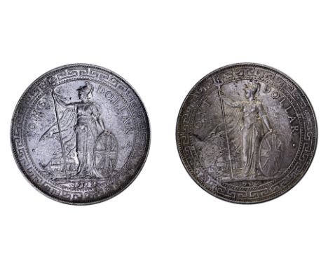 GREAT BRITAIN BRITISH TRADE DOLLARS 1902 B (2)
Comprising: 1902 B, obverse with Britannia holding trident, reverse with Chine