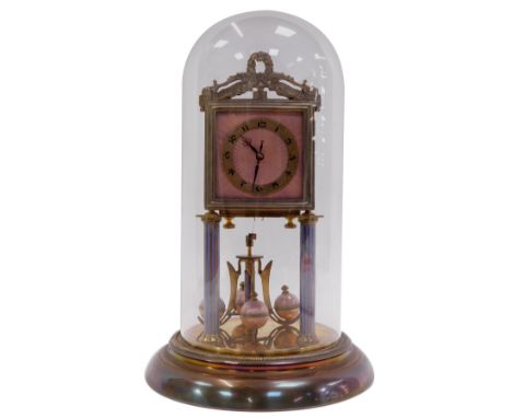 An early 20thC anniversary clock, the square pink guilloche enamel dial with silvered chapter ring bearing Arabic numerals, t
