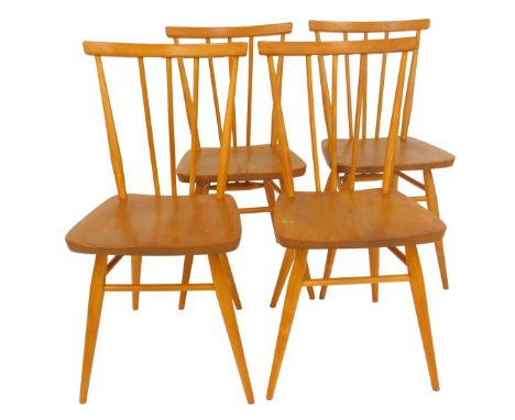 A set of four Ercol elm and beech dining chairs, model number 391, some bearing labels and each stamped to underside BS BE 19