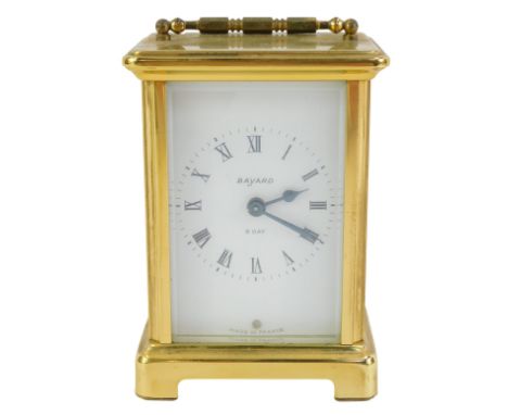 A 20thC Bayard brass cased carriage clock, the square white enamel dial bearing Roman numerals for Bayard, eight day movement