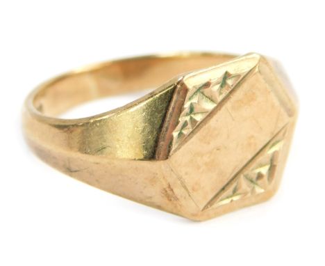 A 9ct gold signet ring, with hexagonal ring head, with partially hammered border and central rectangular panel, ring size P, 