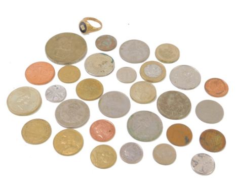 A 9ct gold signet ring, the oval head set with black agate, ring size O½, 4g all in, and a small group of coinage, to include
