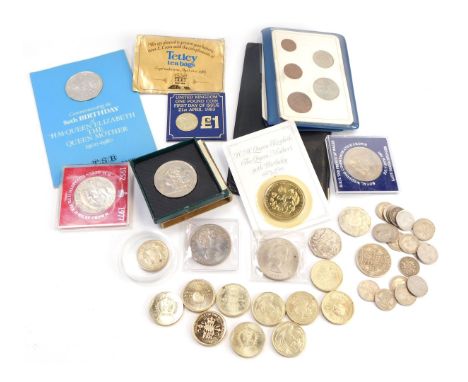 A collection of coinage, to include collectors crowns, presentation pound coins, commemorative 80th Birthday of HM Queen Eliz