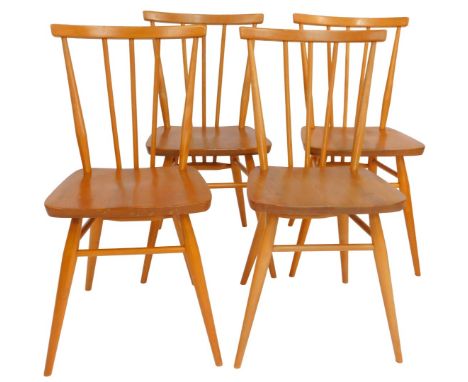 A set of four Ercol elm and beech dining chairs, model number 391, some bearing labels and each stamped to underside BS BE 19
