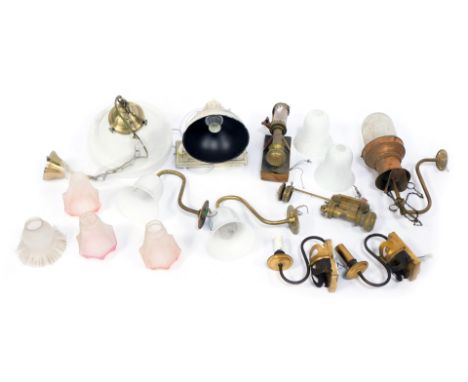 A group of light fittings, shades, etc., to include frosted glass shades, milk glass shades, a milk glass ceiling light of ci